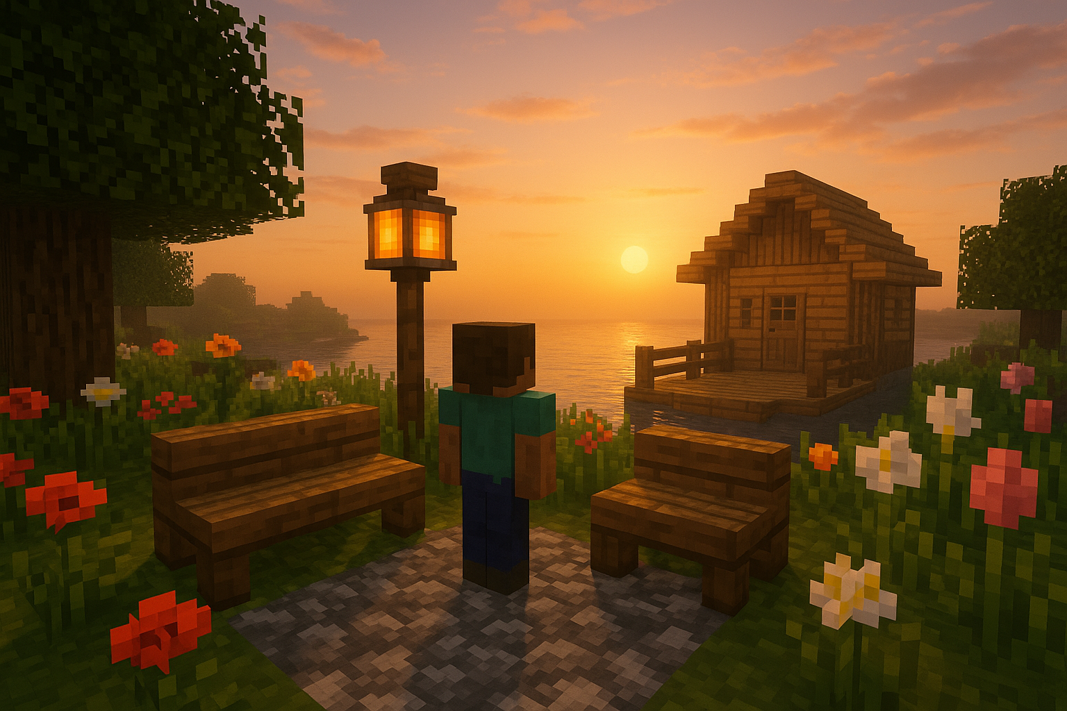 A peaceful Minecraft garden scene with flowers, benches, lanterns, and a wooden cottage or dock at s