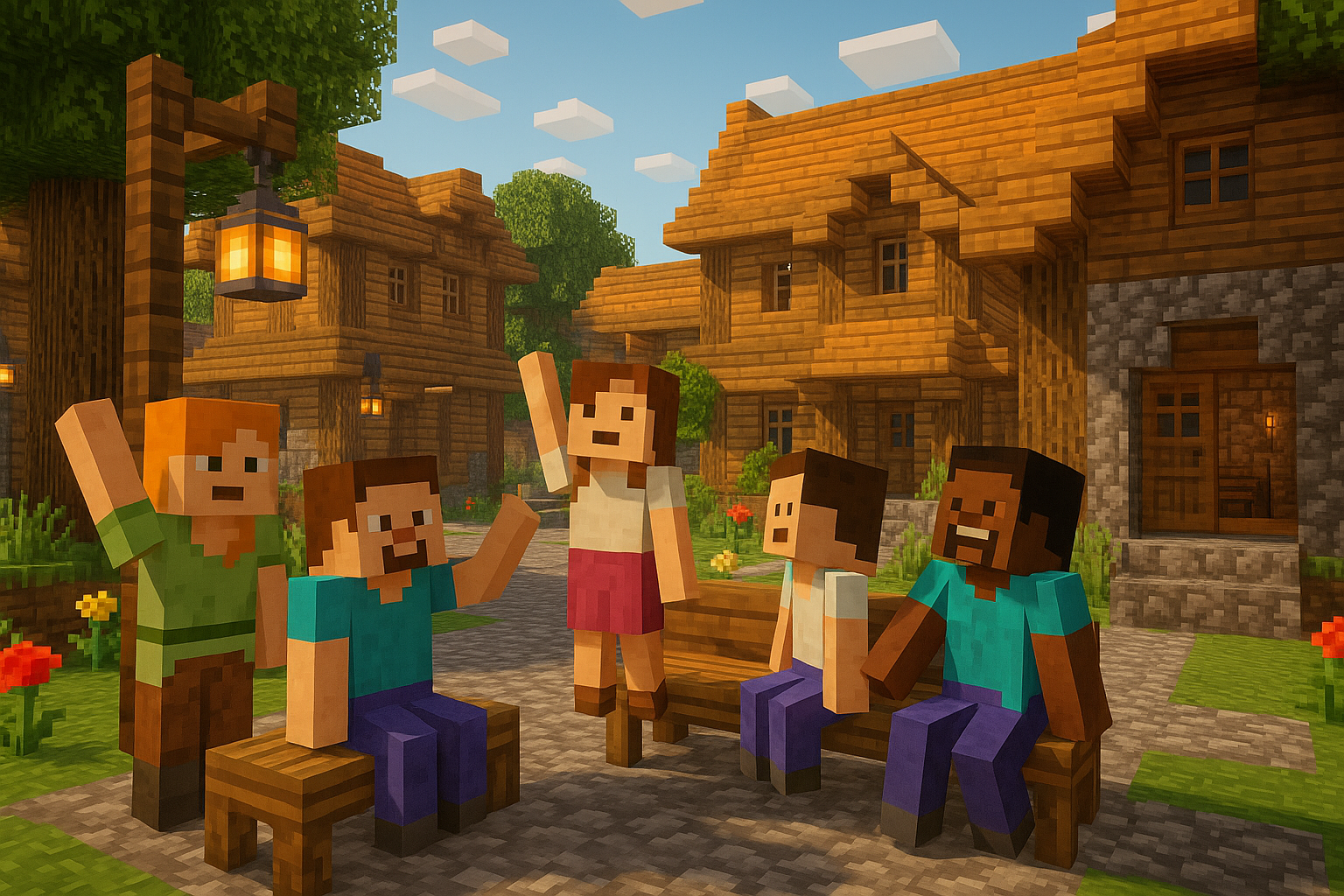 A cheerful Minecraft-style town plaza scene showing six blocky characters interacting happily.