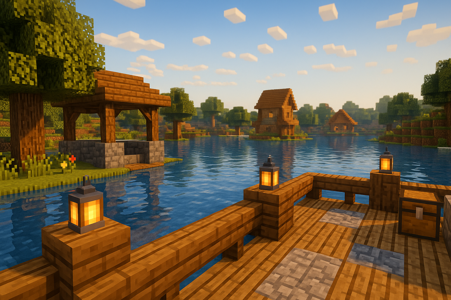 A cheerful Minecraft-style town plaza scene showing six blocky characters interacting happily.