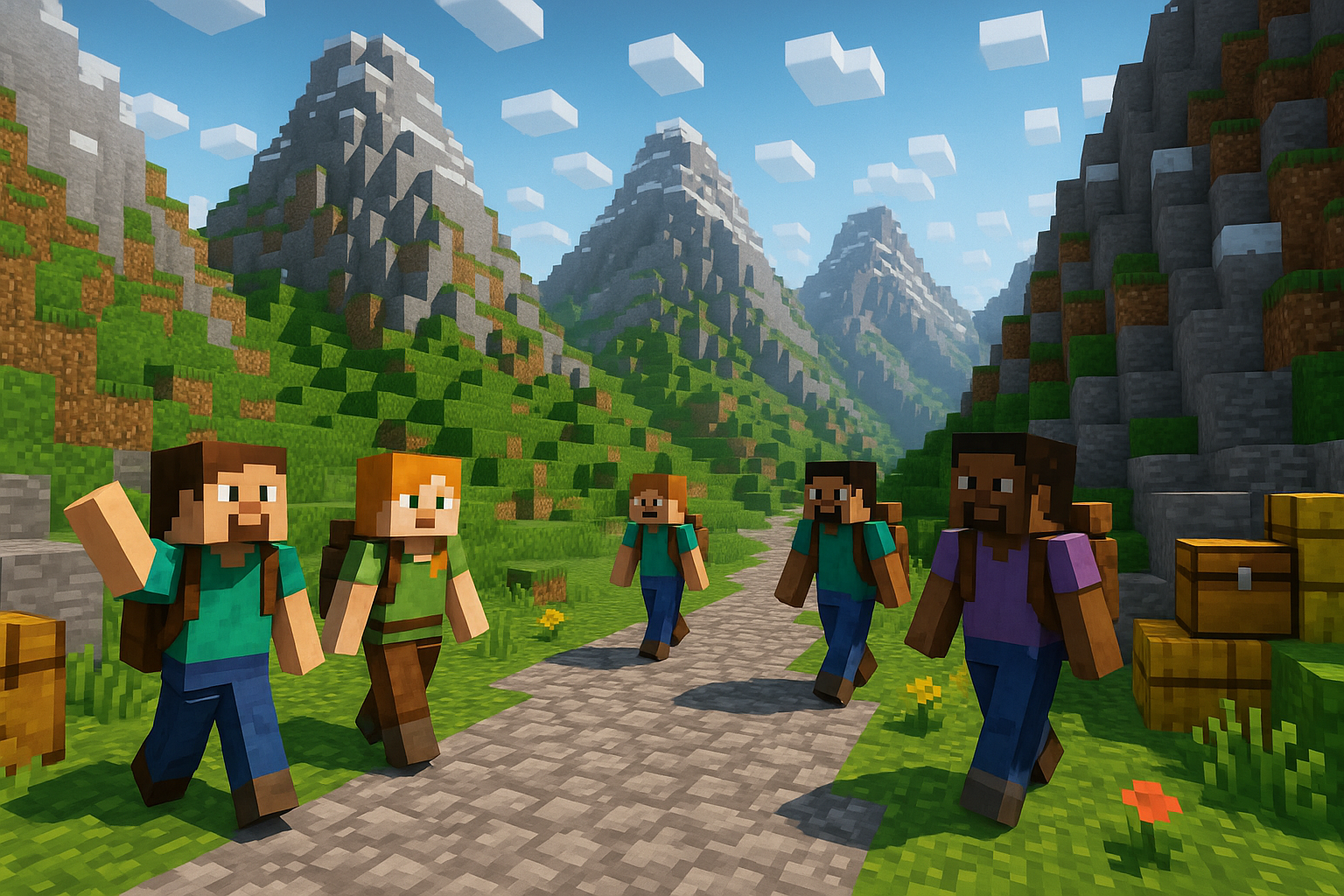 Minecraft-style mountains with four characters hiking along a cobblestone path.