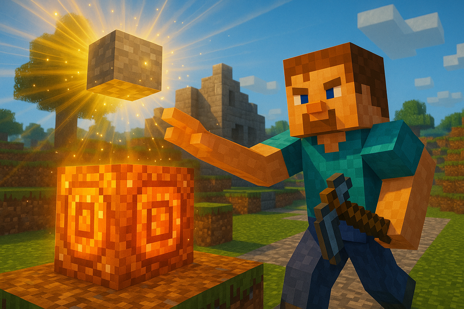 Minecraft-style player activating a glowing command block with magic effects.