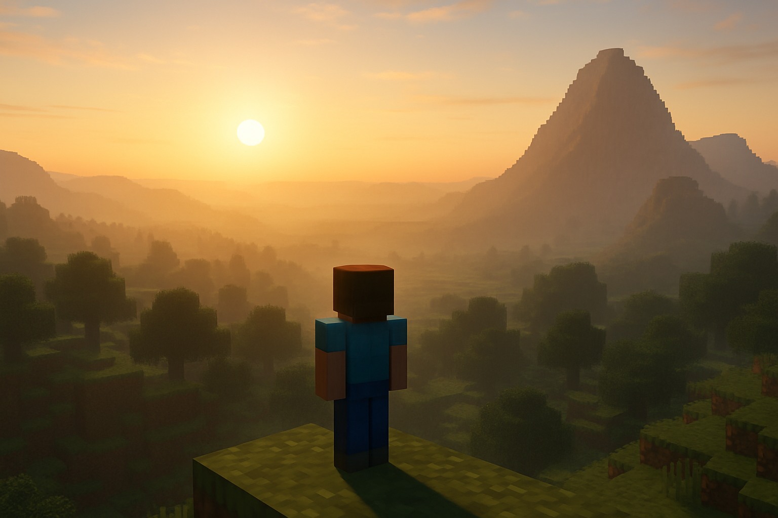 A Minecraft player stands on a grassy block, gazing at a vast world of hills, forests, and mountains