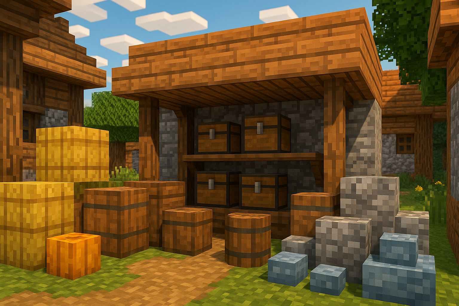 A Minecraft-style storage area with crates, barrels, hay bales, and chests under a wooden shelter.
