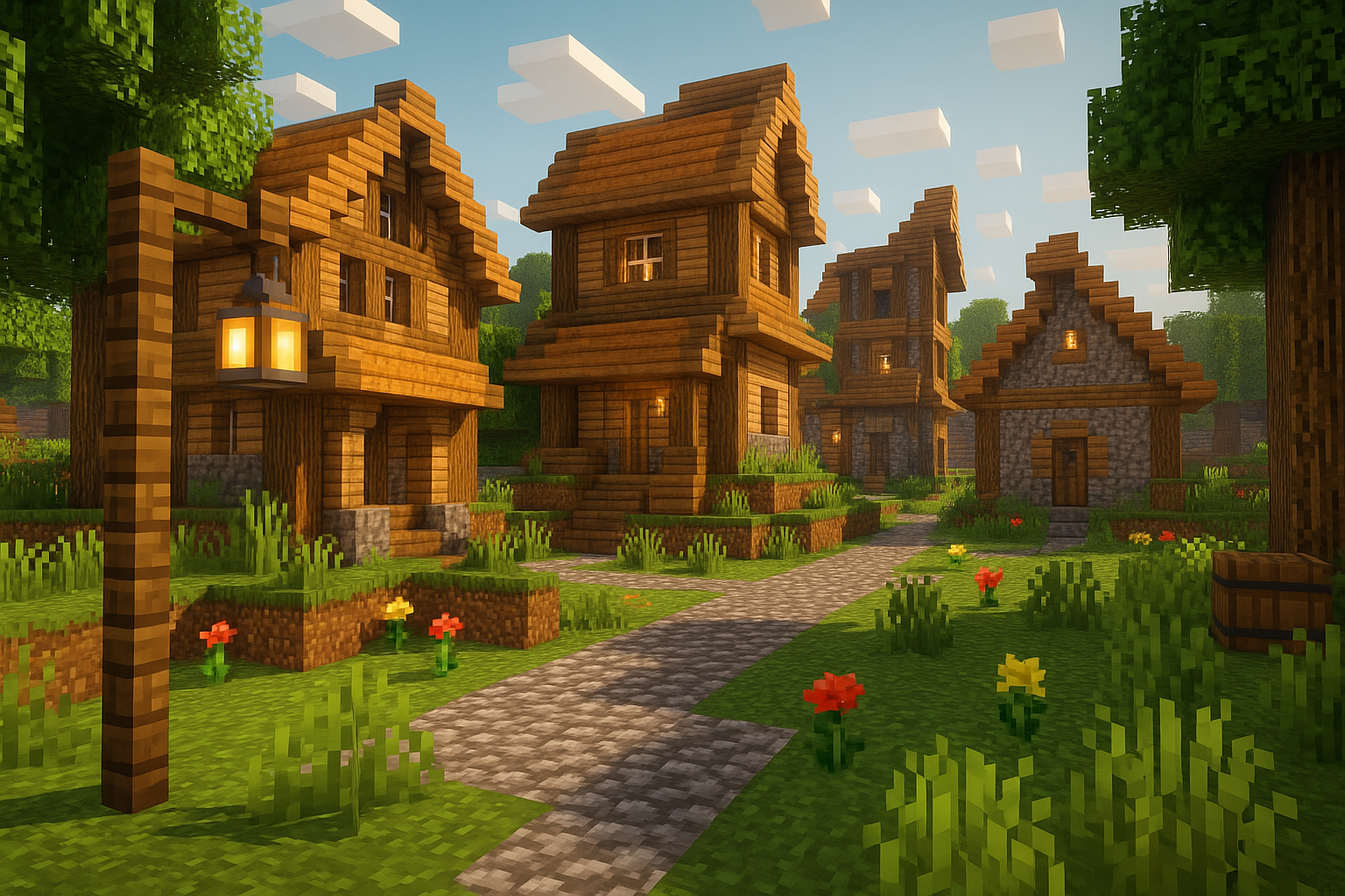 A vibrant Minecraft-style village with wooden houses, stone roofs, and cobblestone paths.