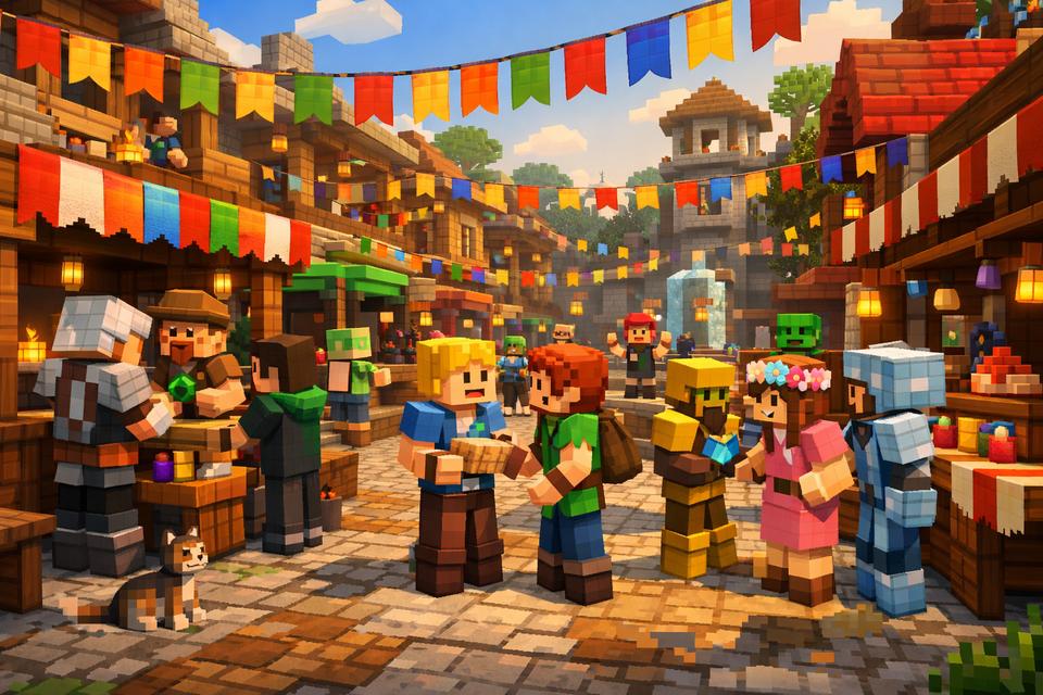 Minecraft-style town plaza with characters interacting