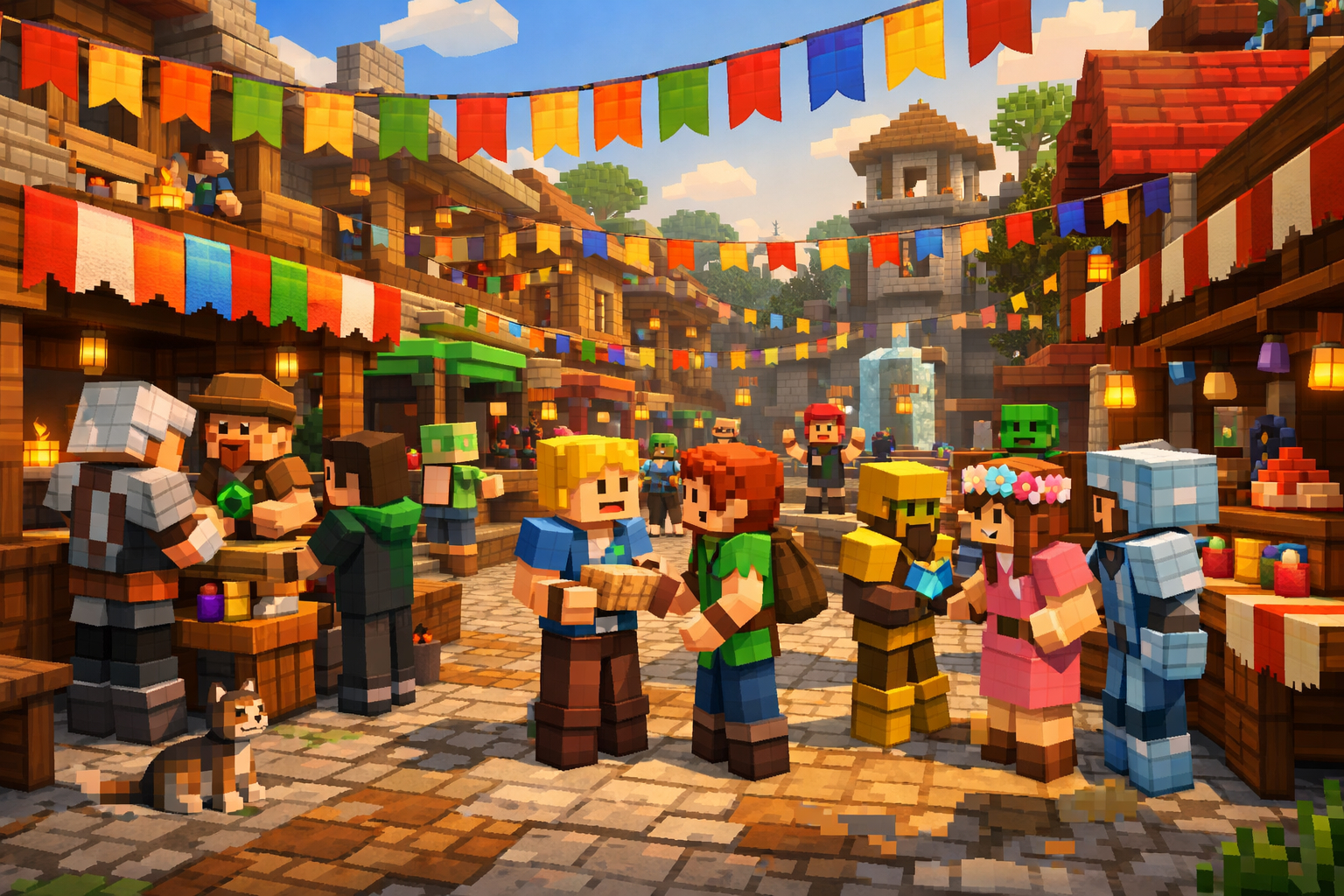 Minecraft-style town plaza with characters interacting