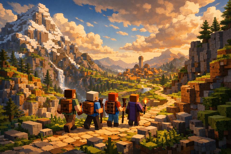Minecraft-style mountains with characters hiking along a path