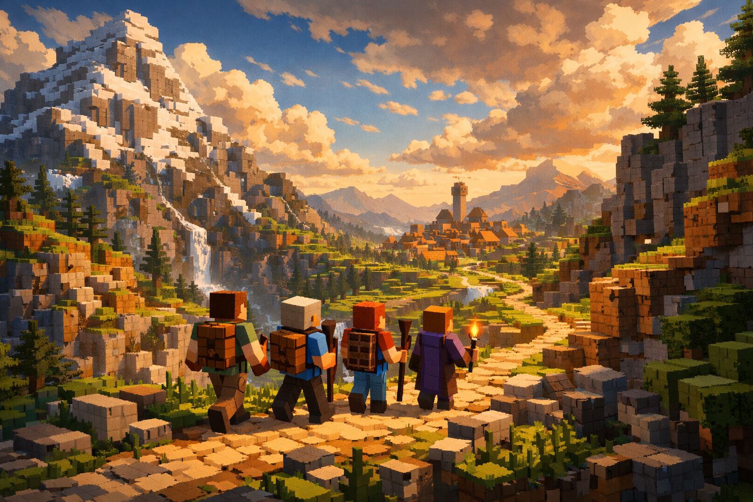 Minecraft-style mountains with characters hiking along a path