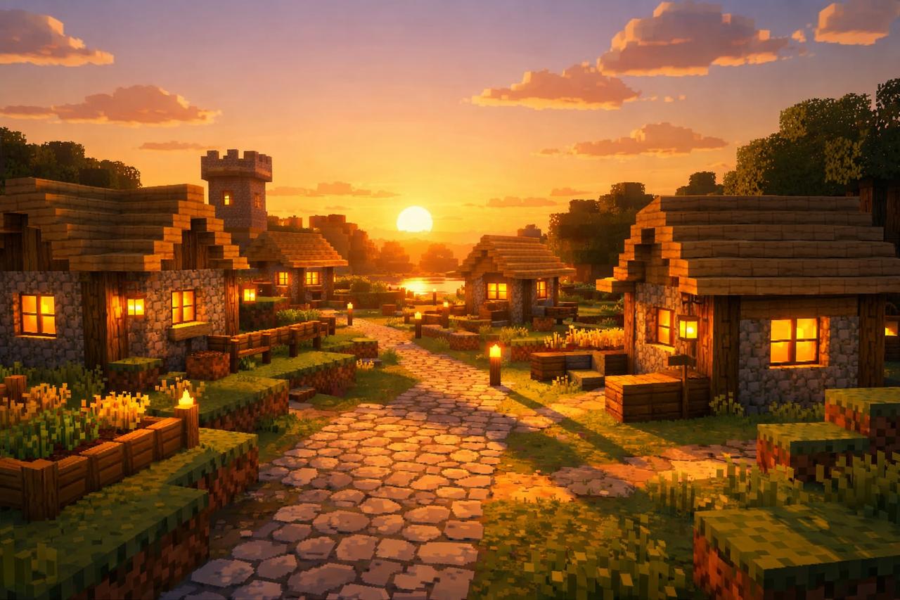 A peaceful Minecraft village at sunset