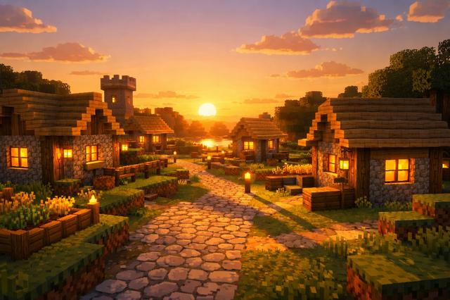 A peaceful Minecraft village at sunset