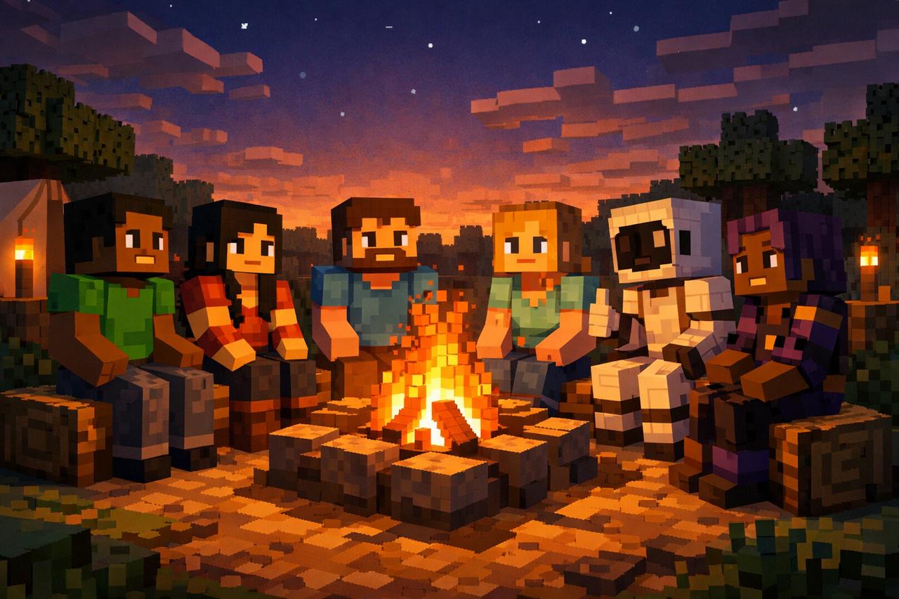 Minecraft characters gathered around a campfire