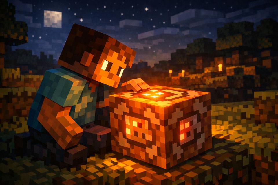 Minecraft-style player activating a glowing command block