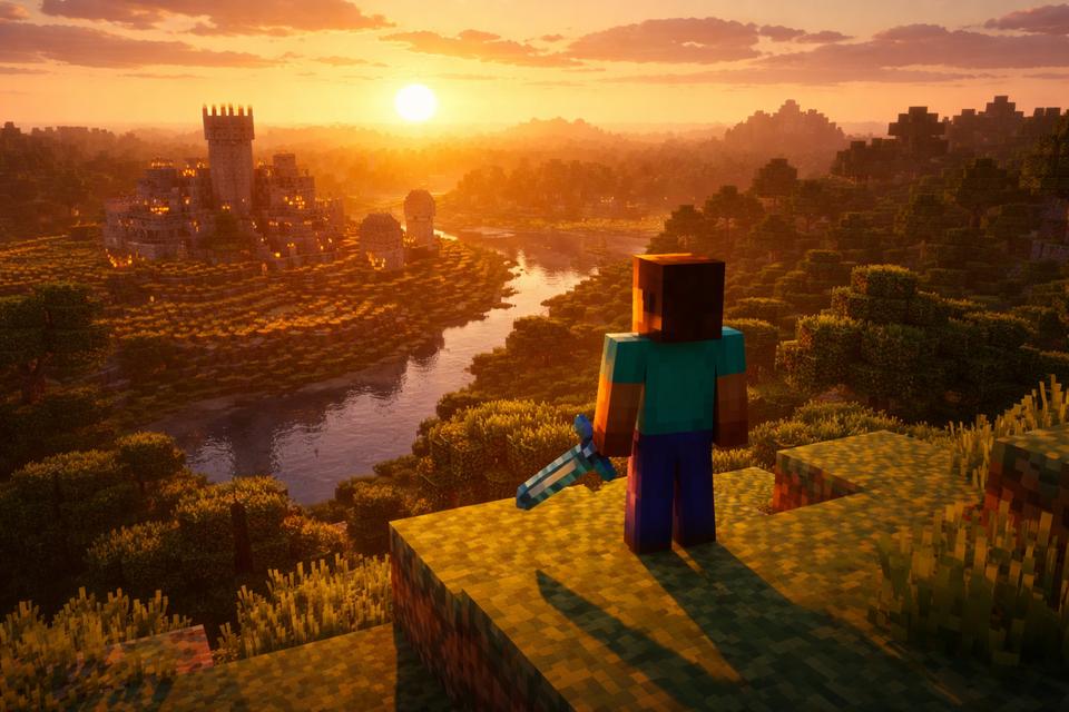 Adult Minecraft player looking at sunset over builds