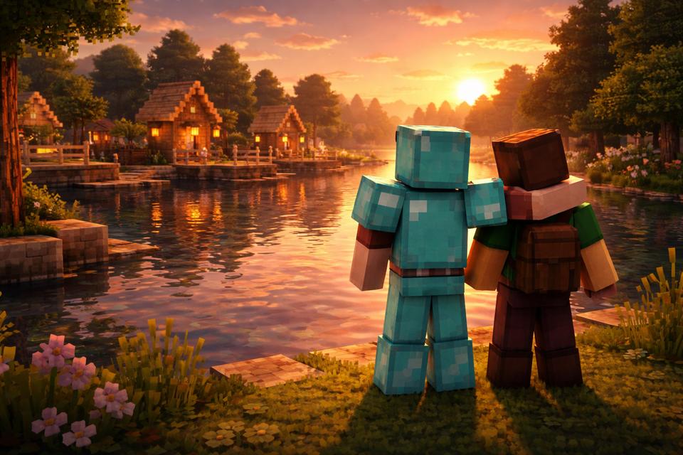 Two adult Minecraft characters stand by a peaceful village at sunset, overlooking the water