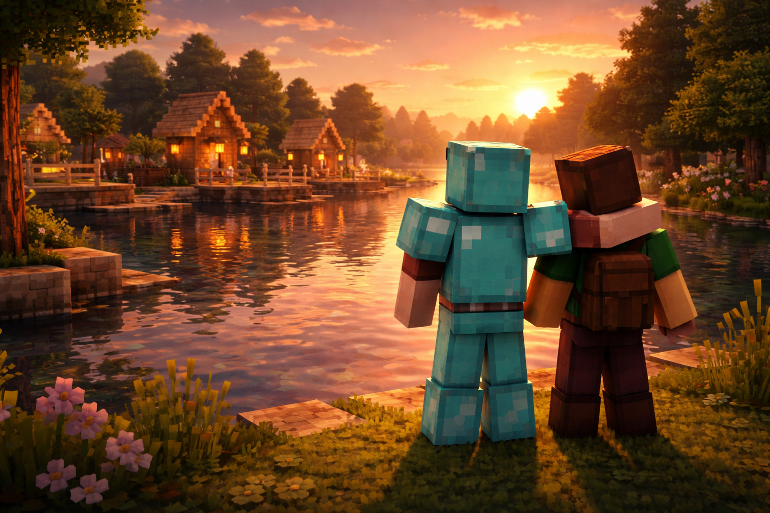 Two adult Minecraft characters stand by a peaceful village at sunset, overlooking the water