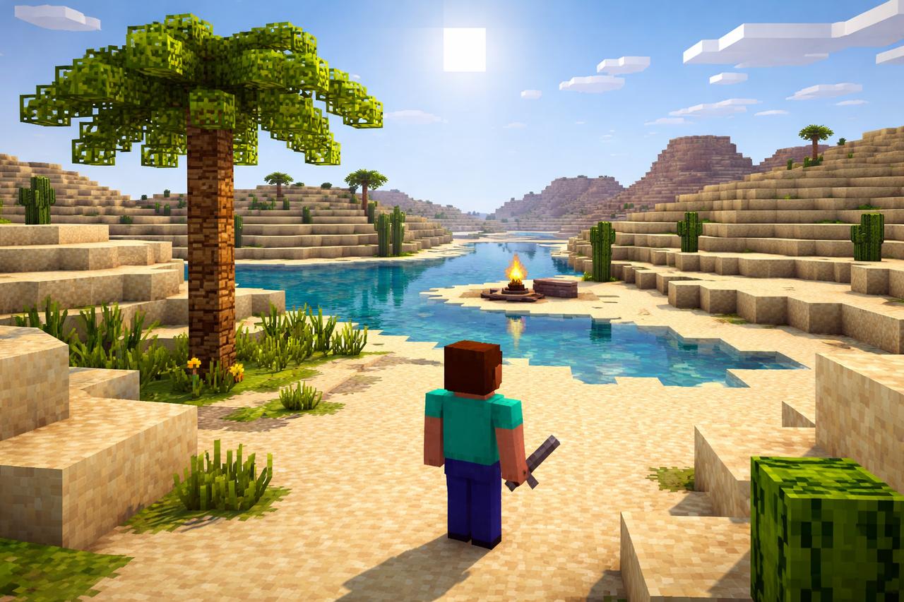 A Minecraft scene showing a lone player in a turquoise shirt and blue pants standing in a sunlit des